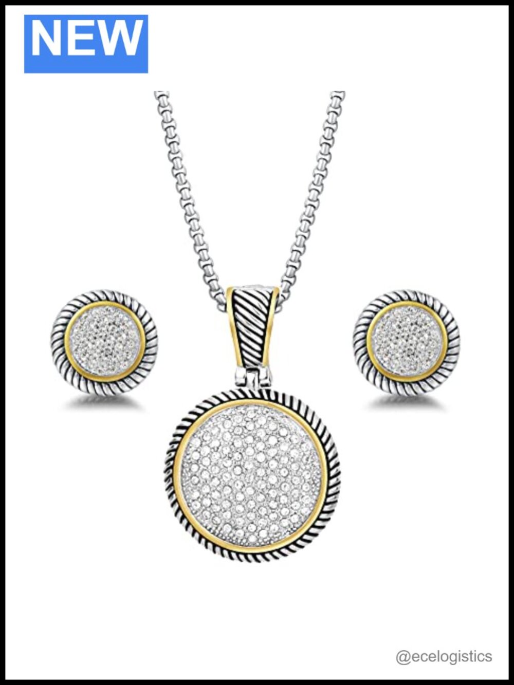 Circle Pave Rhinestone Enhancer Pendant Necklace French Clip Earrings